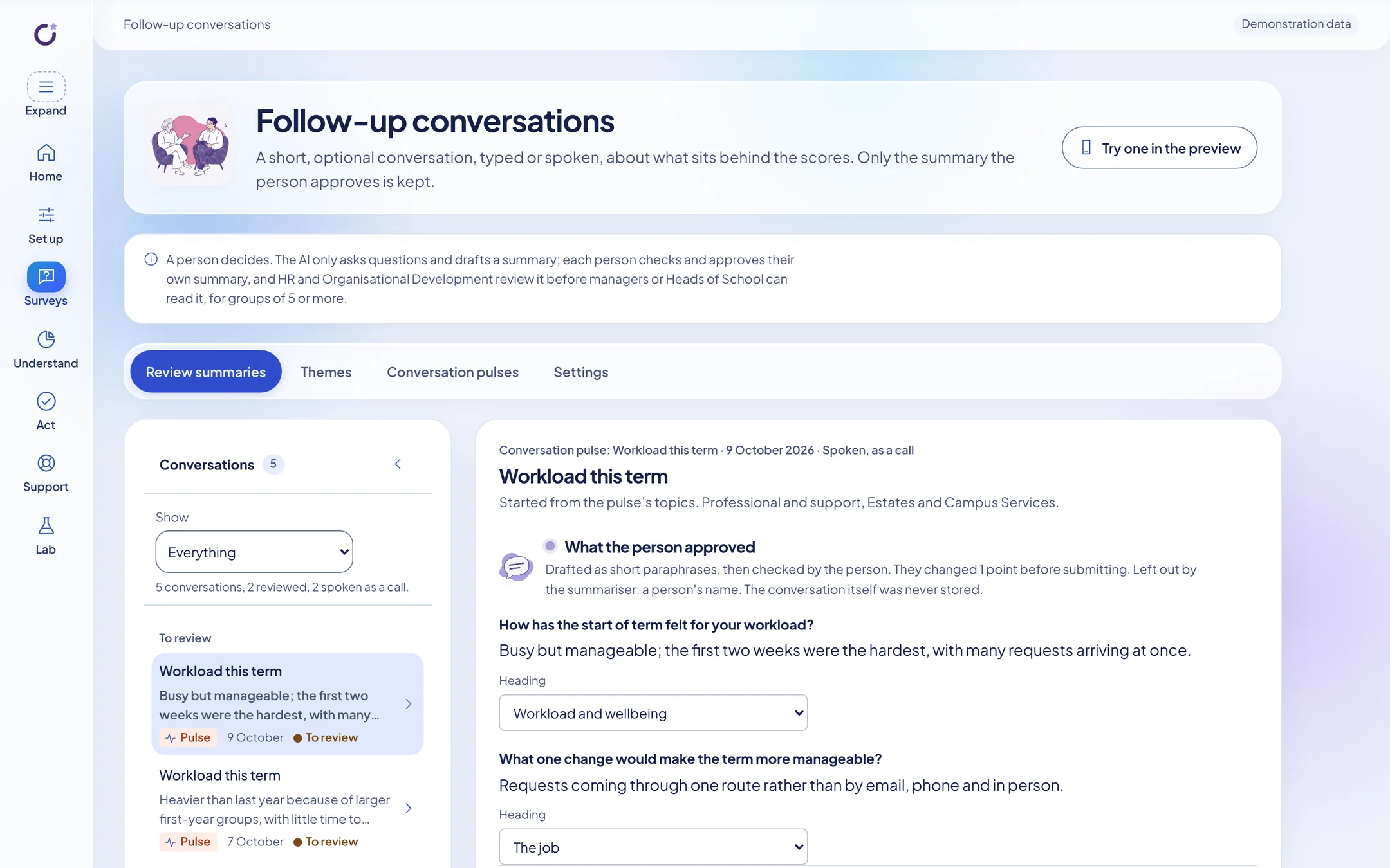 Follow-up conversations: a summary approved by a member of staff, with two short answers about workload this term, each filed under a survey heading.