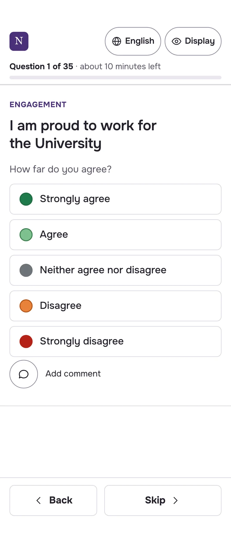A survey question on a phone: I am proud to work for the University, with five answer options from strongly agree to strongly disagree.