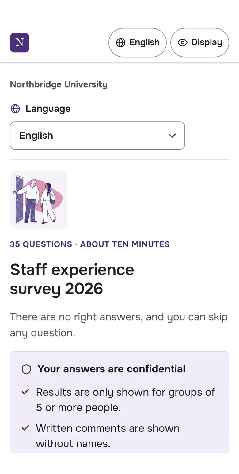 The survey welcome screen on a phone, promising that results are only shown for groups of five or more and that written comments are shown without names.